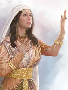 a painting of a woman dressed in gold and holding her hand up to the sky