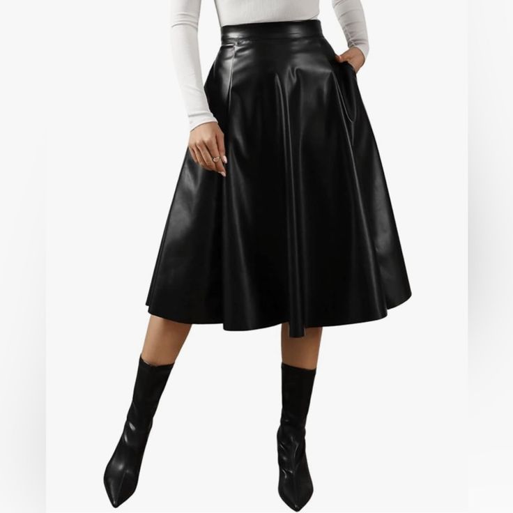 Women’s Faux Leather Black Skirt. Chic Knee-length Faux Leather Skirt, Chic Faux Leather Flared Skirt, Black Leather Skirt With Lining, Black Leather Lined Skirt, Black Leather Skirt For Party, High-waist Black Skirt For Fall, Winter Faux Leather Skirt, Sleek Black Flared Skirt Bottoms, Evening Faux Leather Skirt