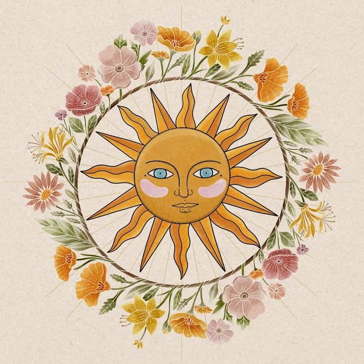 the sun is surrounded by flowers and leaves