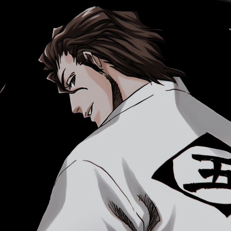 an anime character with brown hair and white shirt looking down at his left shoulder, in front of a black background