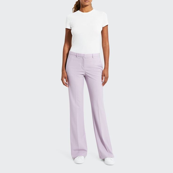 Theory "Demitria" Good Wool pants. Approx. measurements:  35" inseam; 22" leg opening; 10" front rise; 15" back rise, size 8. Mid rise; darts at back. Side slip pockets; back welt pockets. Fitted through straight legs. Full length hem. Hook/zip fly; belt loops. Wool/spandex. Care note:  Do not wash, bleach, or tumble dry. Cool iron if needed. Dry clean with any solvent except trichloroethylene. Imported. Fitted Wide Leg Office Bottoms, Fitted High-waisted Wide Leg Pants For Office, Stretch Wide Leg Full-length Pants With Welt Pockets, Fitted Elastane Straight Leg Pants, Fitted Straight Leg Elastane Pants, Stretch Wide-leg Pants With Welt Pockets, Formal Fitted Wide Leg Elastane Pants, Fitted Full-length Leather Pants, Fitted Wide Leg Elastane Pants For Formal Occasions