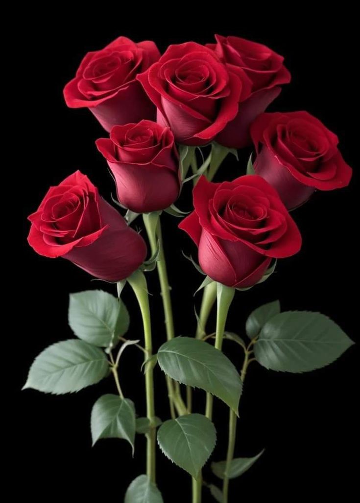 a bunch of red roses with green leaves on a black background in the dark,