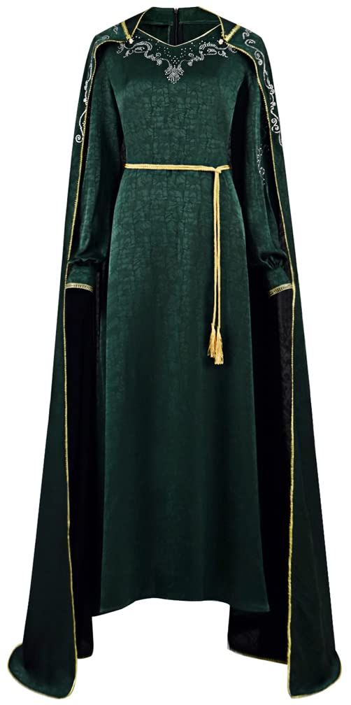 PRICES MAY VARY. Adult House of Dragon cosplay costume women's Alicent Hightower green tunic dress cloak suit Halloween Christmas carnival party role playing queen gown robe outfit. Exquisite gold silk embroidery trim on cloak and cuffs highly restore the charactor. Crystal rhinestone and small metal flowers embellishment highlight the elegance and dignity of womens, which will make you be eye-catching. Knitted waistband helps to construct an elegant body. Hook closure on cuffs and back zipper d Alicent Hightower Dress, Hightower Dress, Historical Dresses Medieval, Long Dress Outfit, Womens Medieval Dress, Medieval Cape, Green Tunic Dress, Celtic Clothing, Naruto Clothing