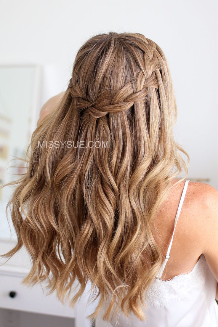 Waterfall braid. Half updo. Half up. Braided hair. Hairstyles. Loose Waterfall Braid, Half Braid With Curls, Blonde Waterfall Braid, Curled Waterfall Braid, Waterfall Braid Curly Hair Wedding, Fishtail Waterfall Braid, Wedding Hair Down With Curls And Braid, Hairstyles For Brunettes Braids, Waterfall Bridesmaid Hair