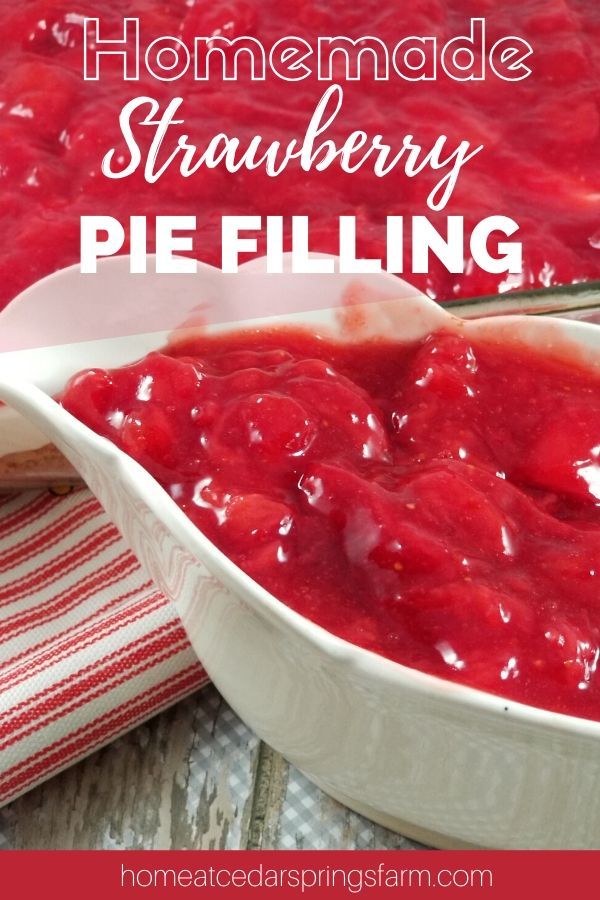 homemade strawberry pie filling in a white dish on a red and white striped towel with text overlay