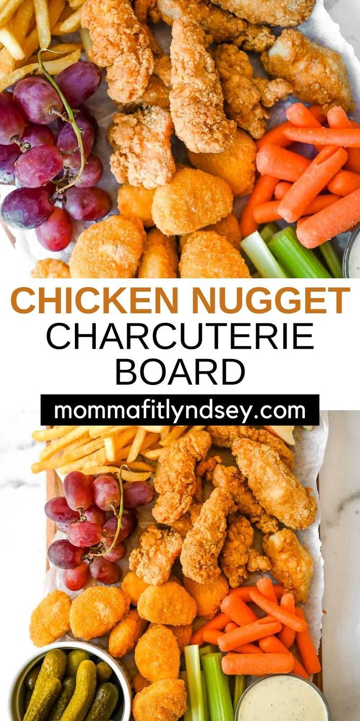 pin showing closeup of chicken nugget charcuterie board and a panned out version. Nugget Charcuterie Board, Chicken Nugget Charcuterie Board, Crispy Chicken Strips, Tyson Chicken, Christmas Appetizers Party, Chicken Nugget, Charcuterie Inspiration, Fast Dinners, Quick And Easy Dinner