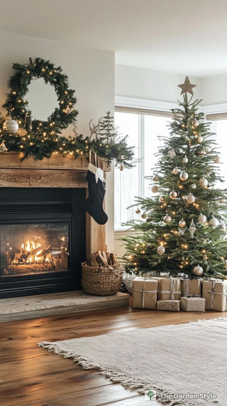 a living room with a christmas tree and fireplace