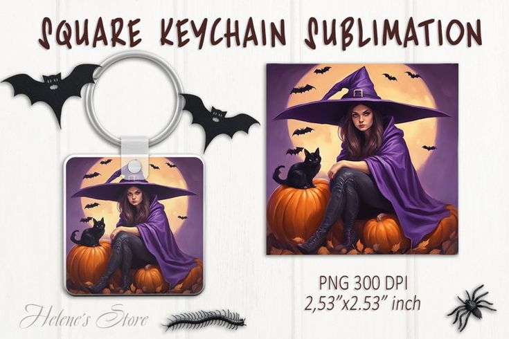 a keychain with an image of a witch sitting on top of a pumpkin