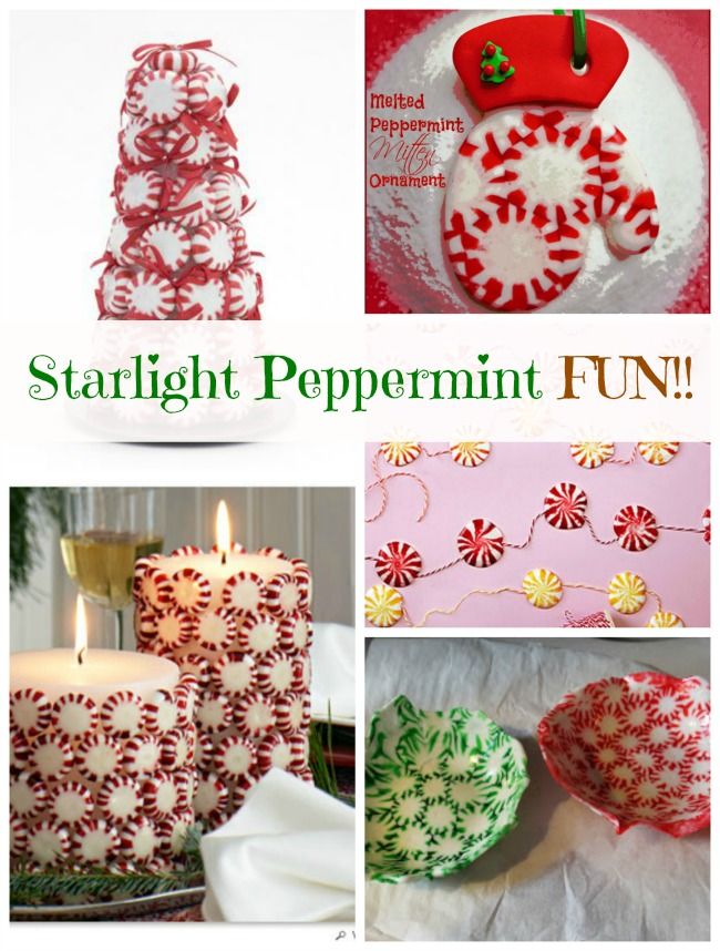 a collage of different pictures with candles and christmas decorations on them, including an ornament that says starlight peppermint fun