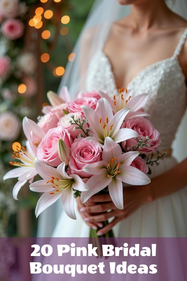 a bride holding a bouquet of pink flowers with the words 20 pink bridal bouquet ideas