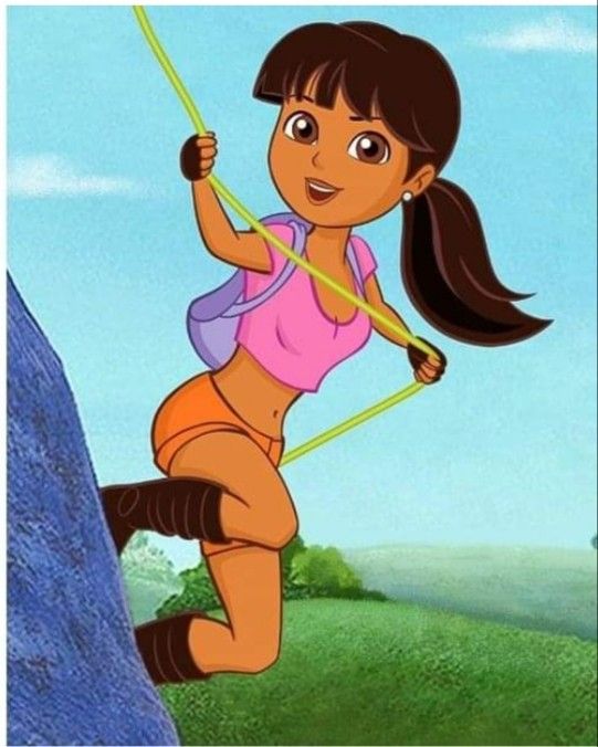 the cartoon character dora is swinging on a rope