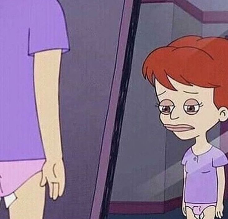 a cartoon character standing in front of a mirror