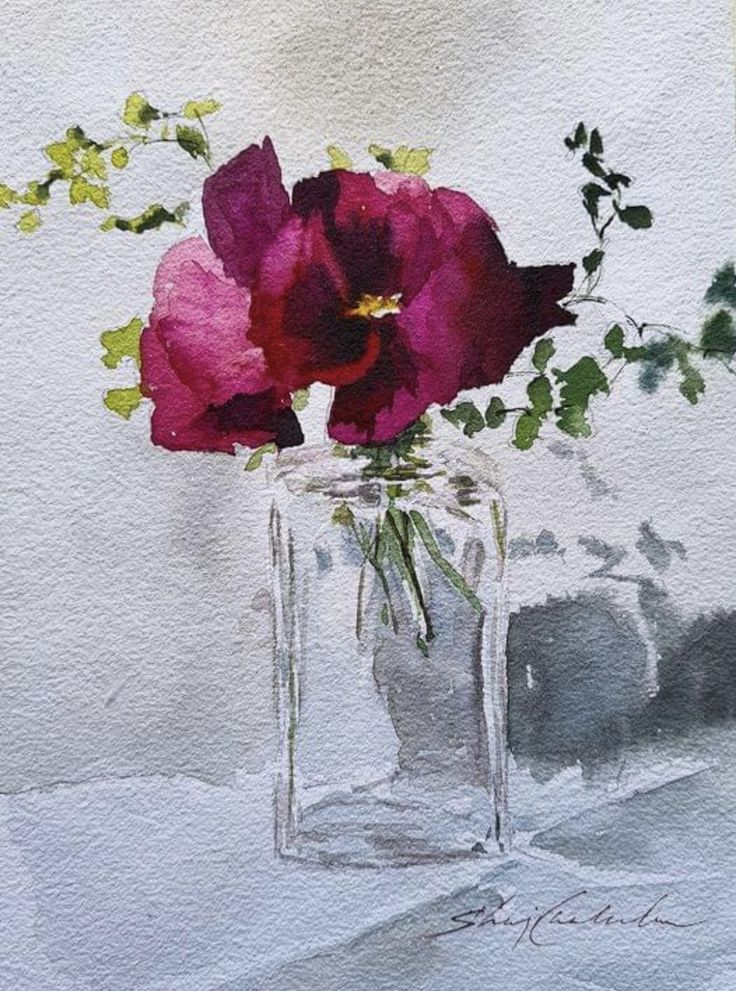 a painting of flowers in a glass vase