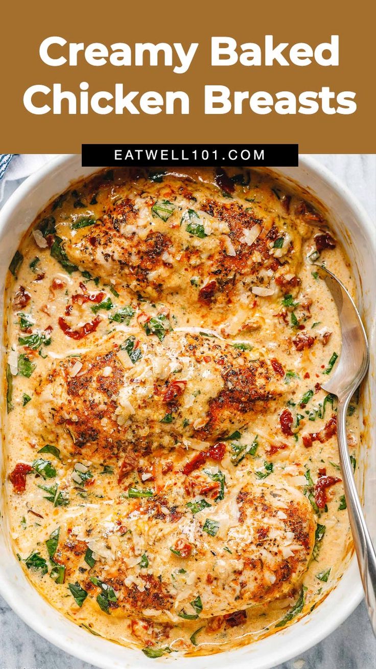 Baked chicken breasts - #baked #chicken #recipe #eatwell101 - With an irresistible creamy sauce filled with sun-dried tomatoes, spinach, and parmesan is a winner of a chicken dinner. - #recipe by #eatwell101® Baked Sundried Tomato Chicken, Sun Dried Pesto Chicken, Oven Baked Tuscan Chicken, Baked Tuscan Chicken Breast, Boursin Chicken Baked, Baked Boursin Chicken, Easy Creamy Chicken Recipes, Chicken And Spinach Recipes, Baked Tuscan Chicken