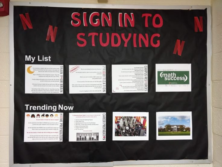 a sign in to studying is posted on the wall next to a bulletin board with information about students