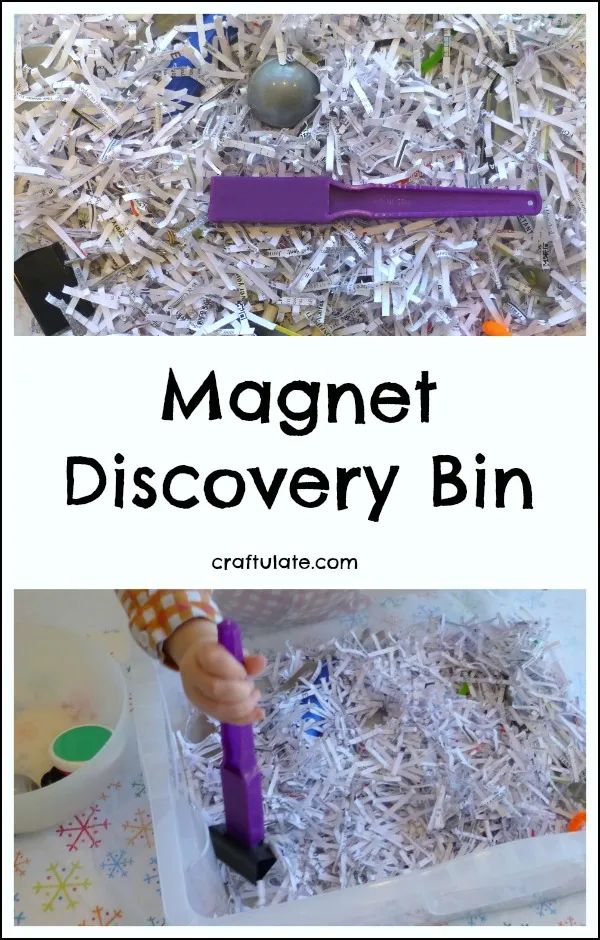 a pile of shredded paper next to a purple object with the words magnet discovery bin on it