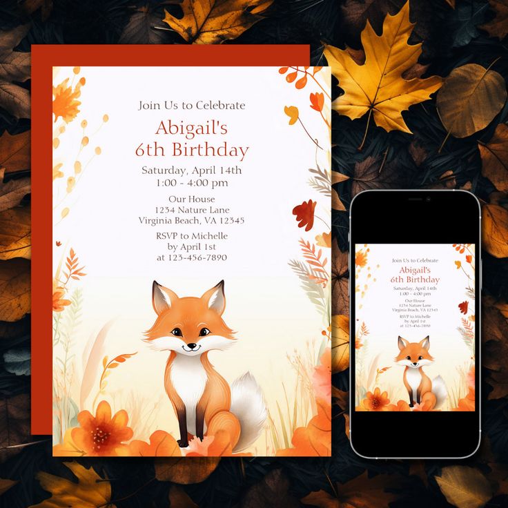 an image of a birthday card with a fox on it and leaves in the background