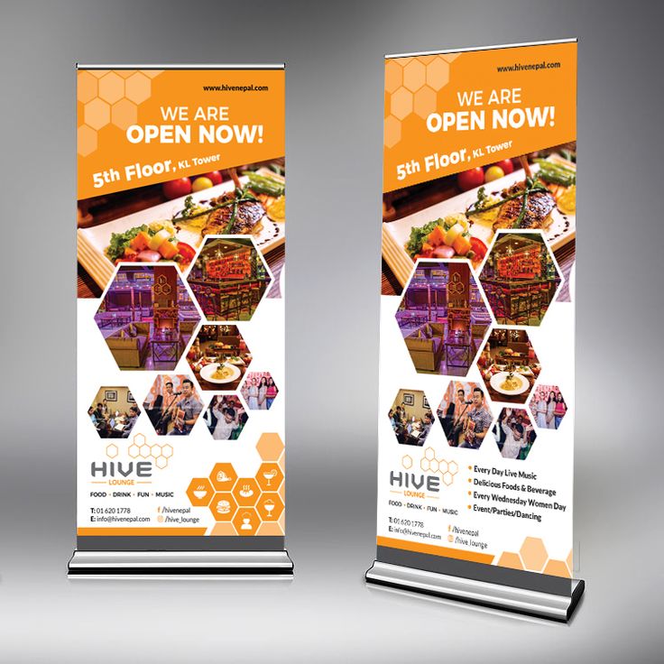 two roll - up banners with images of food items and the words, we are open now