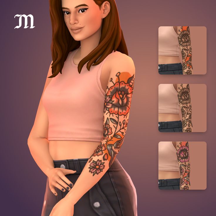 the girl has tattoos on her arms and arm, while she is wearing a pink top