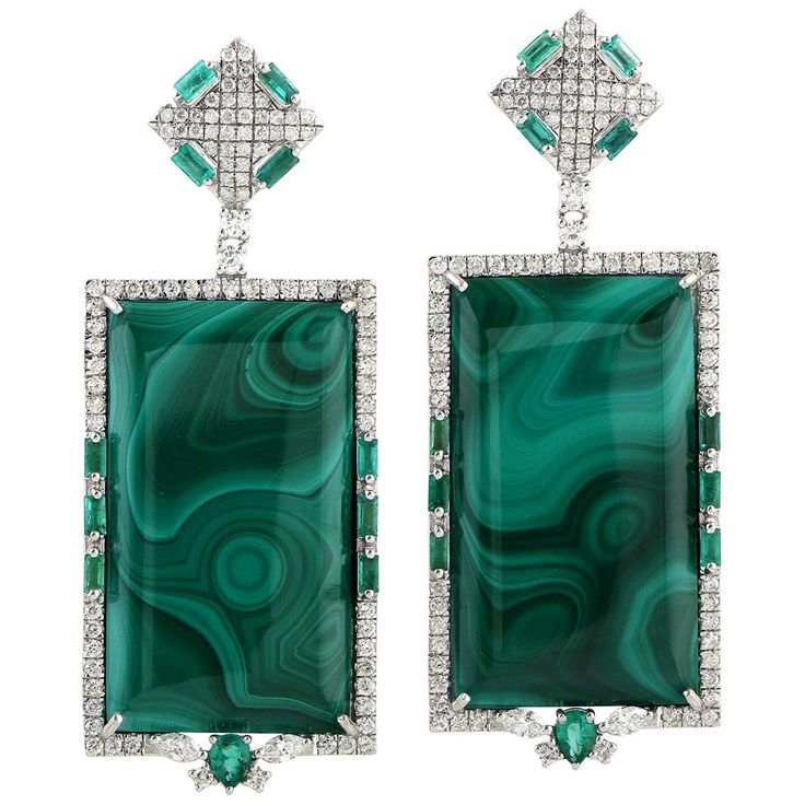 Handcrafted from 18-karat gold, these beautiful earrings are set with 1.51 carats emerald, 50.55 carats Malachite and 1.89 carats of glimmering diamonds. FOLLOW MEGHNA JEWELS storefront to view the latest collection & exclusive pieces. Meghna Jewels is proudly rated as a Top Seller on 1stDibs with 5 star customer reviews. All items manufactured by us are handmade and can be customized or redesigned. Composition Size-56X22 MM Total Weight-24.66 Gold Weight(Gms)-13.87 Diamond Wt(Cts)-1.89 Emerald Luxury Green Diamond Earrings, Green Diamond Earrings With 17 Jewels For Formal Occasions, Green Diamond Earrings With 17 Jewels For Formal Events, Emerald Diamond Earrings For Formal Events, Formal Emerald Diamond Earrings, Luxury Green Diamond Earrings For Wedding, Emerald Diamond Earrings For Formal Occasions, Luxury Emerald Diamond Earrings, Luxury Green Diamond Earrings With Accents