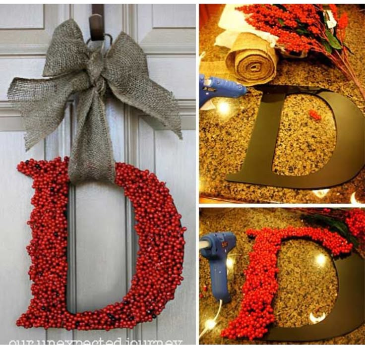 the front door is decorated with red berries and wreaths