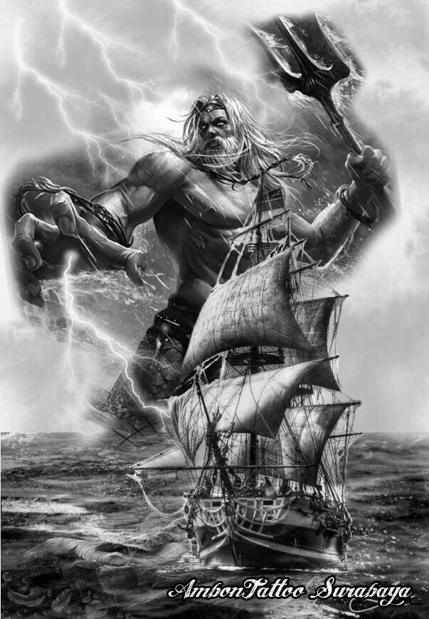 an image of a pirate ship in the ocean with lightning coming from it and a man on