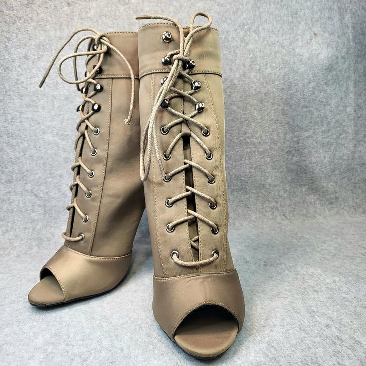 New, Never Worn Olive Green Vegan Fabric Open Toe With Lace Up Front Approx 4.5" Wrapped Stiletto Heel Smooth Lining Cushioned Insole For Comfort *Shoe Appears Lighter In Pictures Due To Lighting* Spring Faux Leather Boots With 4-inch Heel, High Heel Booties With Padded Ankle For Spring, Spring Boots With 4-inch High Heel, Spring Ankle-high Heels With Padded Ankle, Ankle-high Boots For Night Out In Summer, Ankle-high Boots For Summer Night Out, Ankle-high Heels With Padded Ankle For Spring, Beige Heels For Night Out In Fall, Beige Heels For Fall Night Out