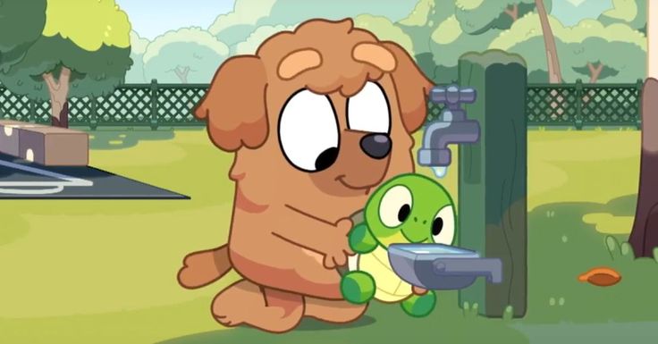 a cartoon dog holding onto a stuffed animal in front of a water faucet