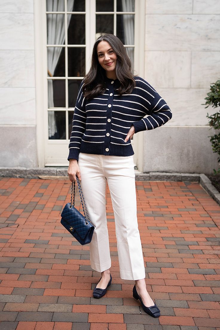 White Stripe Cardigan Outfit, Red And White Striped Cardigan Outfit, Casual Striped Button Cardigan, Luxury Casual Striped Cardigan, Classic Plaid Long Sleeve Cardigan, Skirt Heels, Jeans And Flats, Sweater Blazer, Fall Essentials