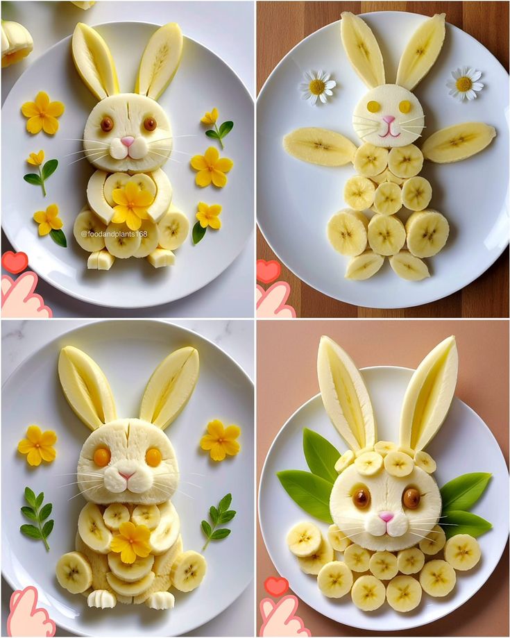 four different pictures of the same bunny made out of banana slices and bananas on a plate