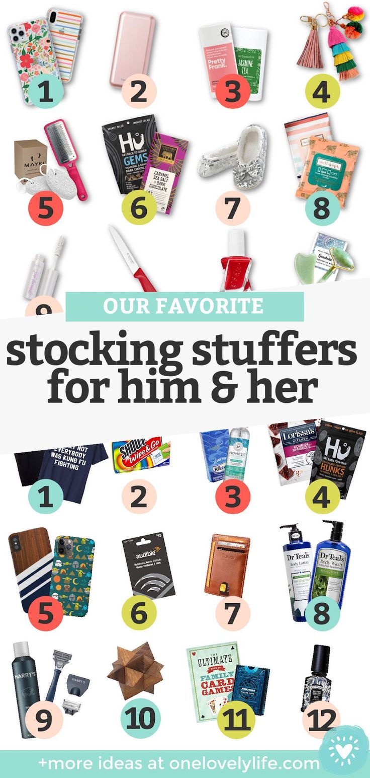 the top ten stocking stuff for him and her, with text overlay that reads our favorite stocking stuff for him and her