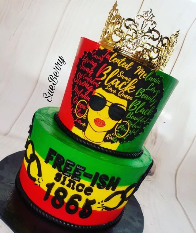 a three tiered cake decorated with different colors and designs on top of each other