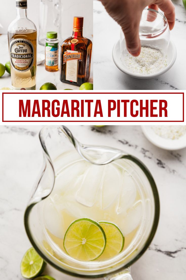 margarita pitcher with limes and spices in it, surrounded by ingredients for the drink