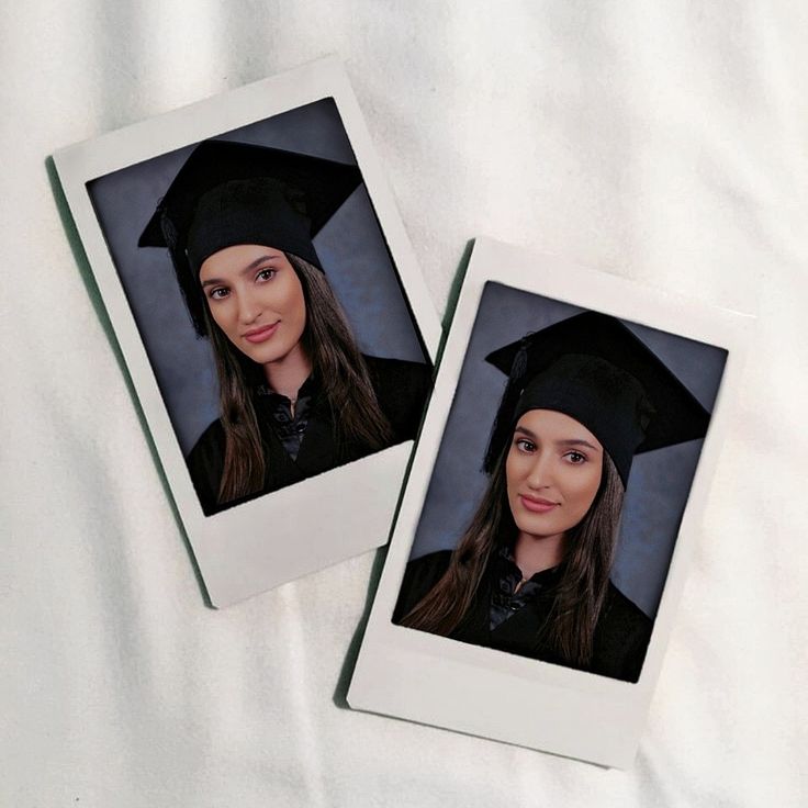 two polaroid photos of a woman wearing a graduation cap and gown, on a white sheet