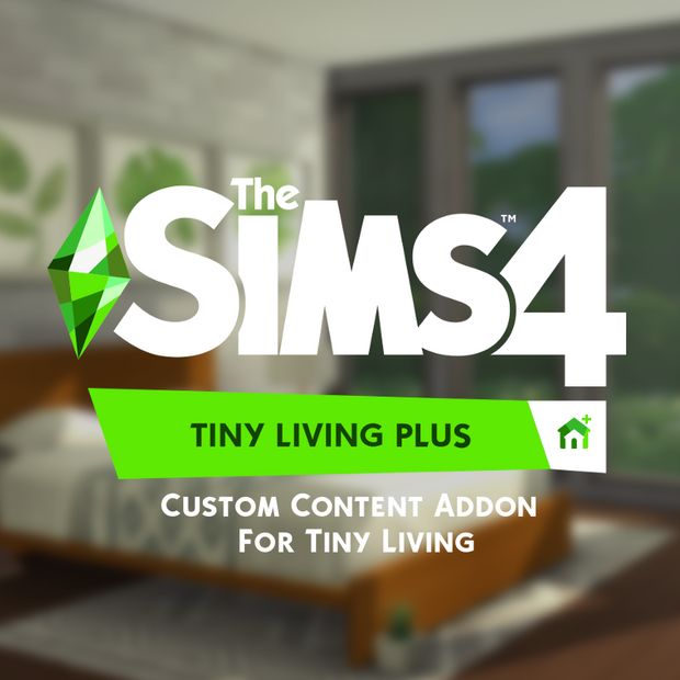 the sims4 tiny living plus logo is displayed in front of a bed and window