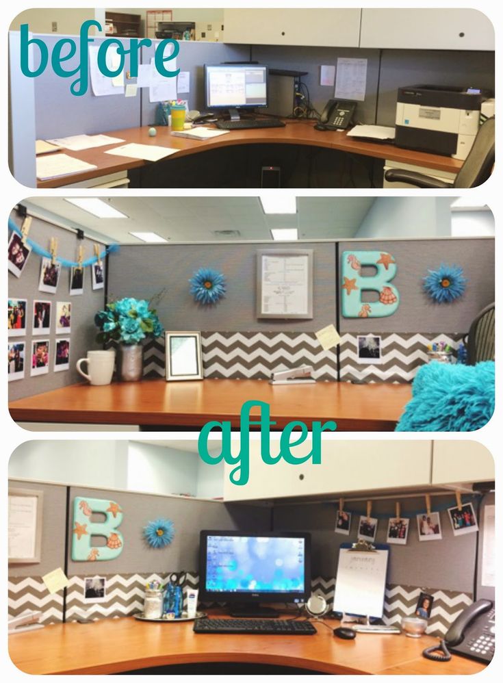 an office cubicle with desks and pictures on the wall, before and after