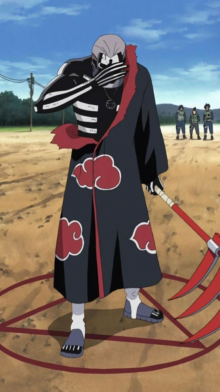 an anime character is holding two swords in his hand and standing on the ground with other characters behind him