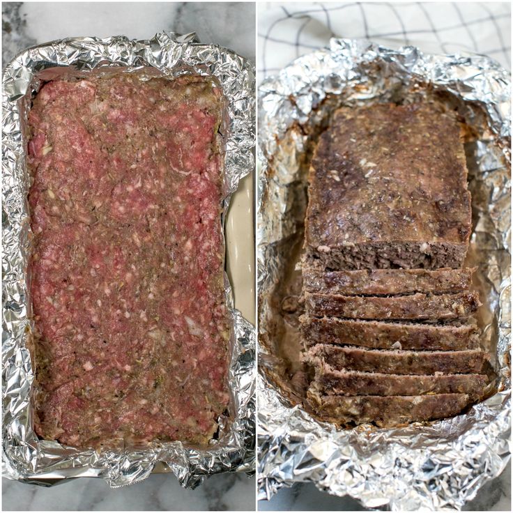 an image of meatloaf in the oven before and after being cooked on tin foil