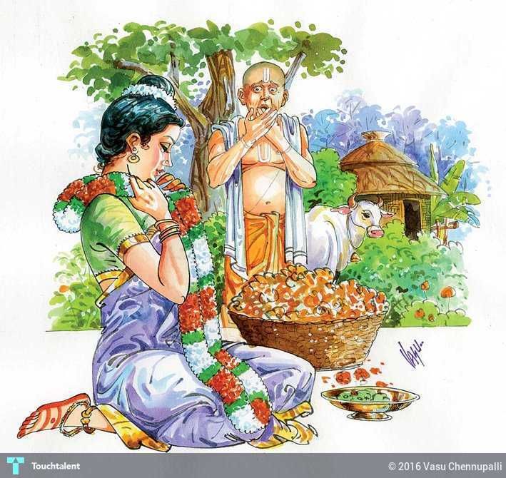 an image of a woman sitting in front of a basket full of food and another man standing next to her