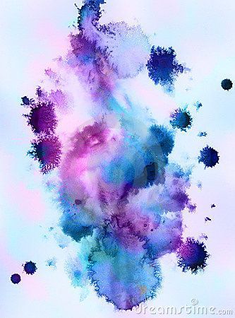 an abstract blue and purple ink splattered with watercolors on white paper