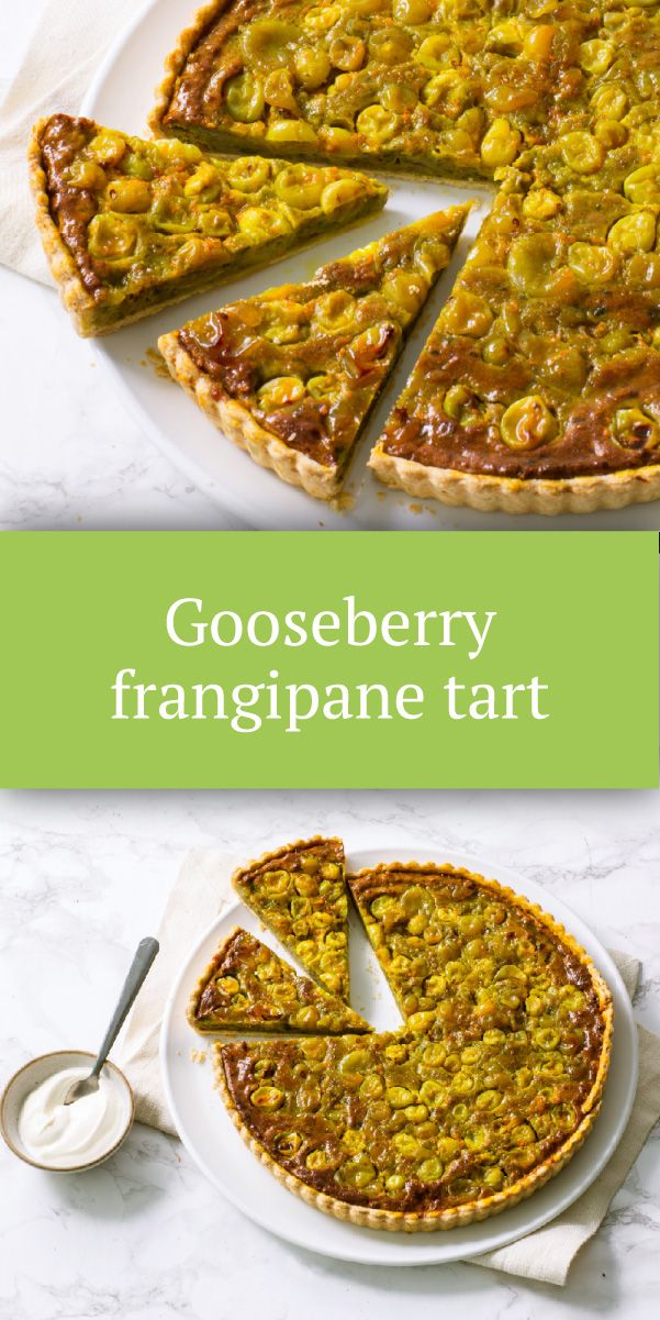 a close up of a pie on a plate with the words gooseberry frangane tart