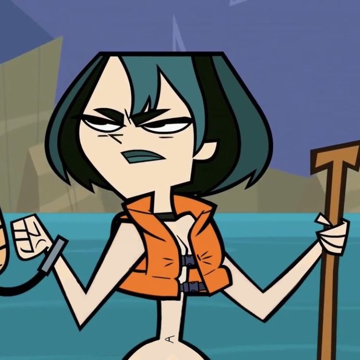 an animated woman holding a stick and pointing to the side with one hand while standing in front of a body of water