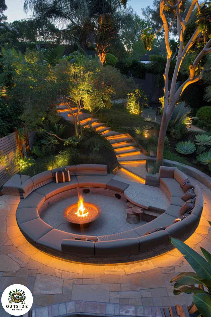 an outdoor fire pit surrounded by steps and trees