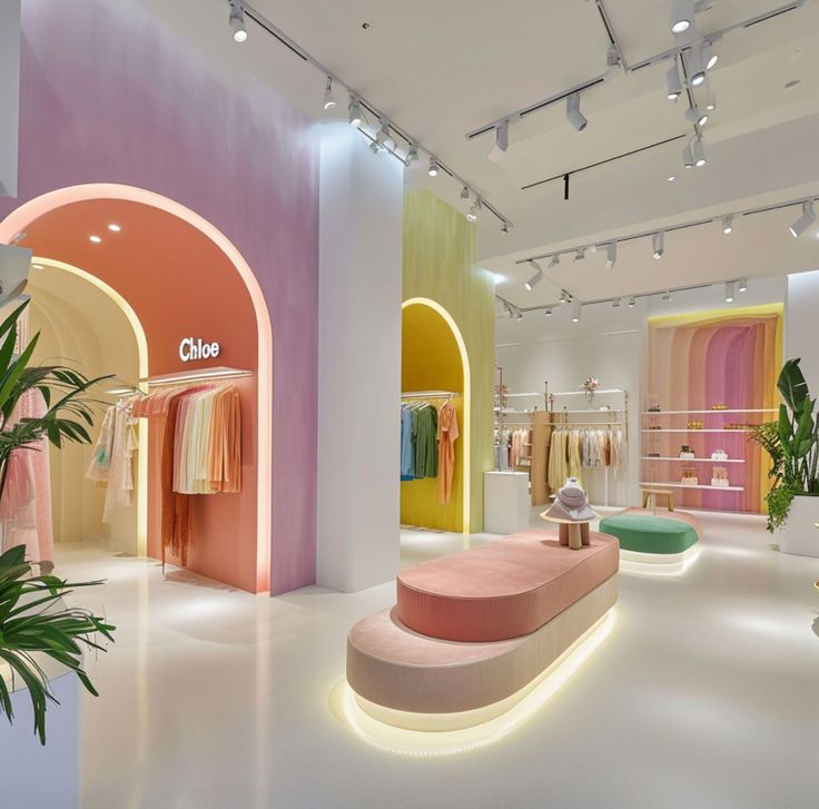 the interior of a clothing store with pink, yellow and green colors on display in front of white walls