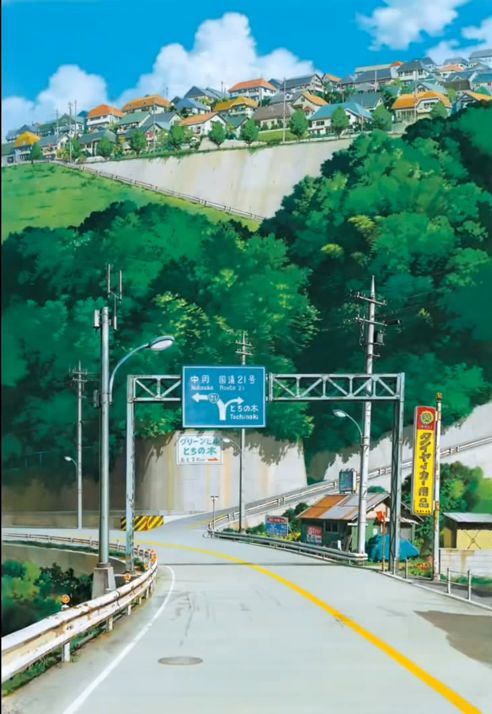 an anime street scene with trees and buildings on the hill behind it, there is a blue sign that says i love you