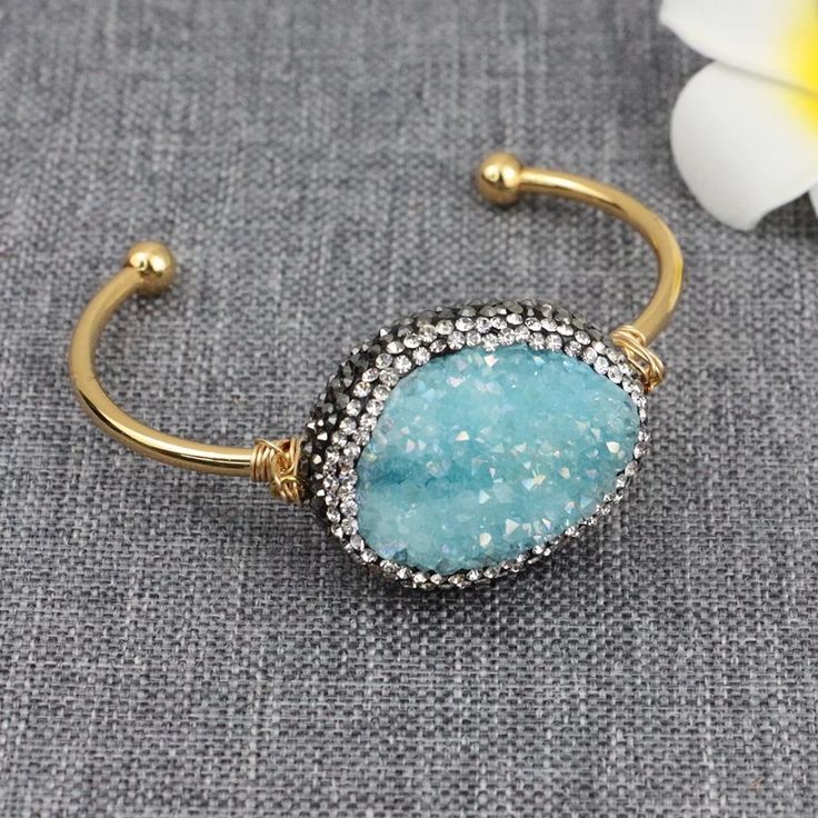 Just In Druzy Stone Bangle 18k Gold Plated Wire Wrapped Bangles, Stone Bangle, Cord Bracelets, Quartz Points, Natural Shapes, Agate Beads, Gemstone Bracelets, Pave Diamonds, Clear Crystal