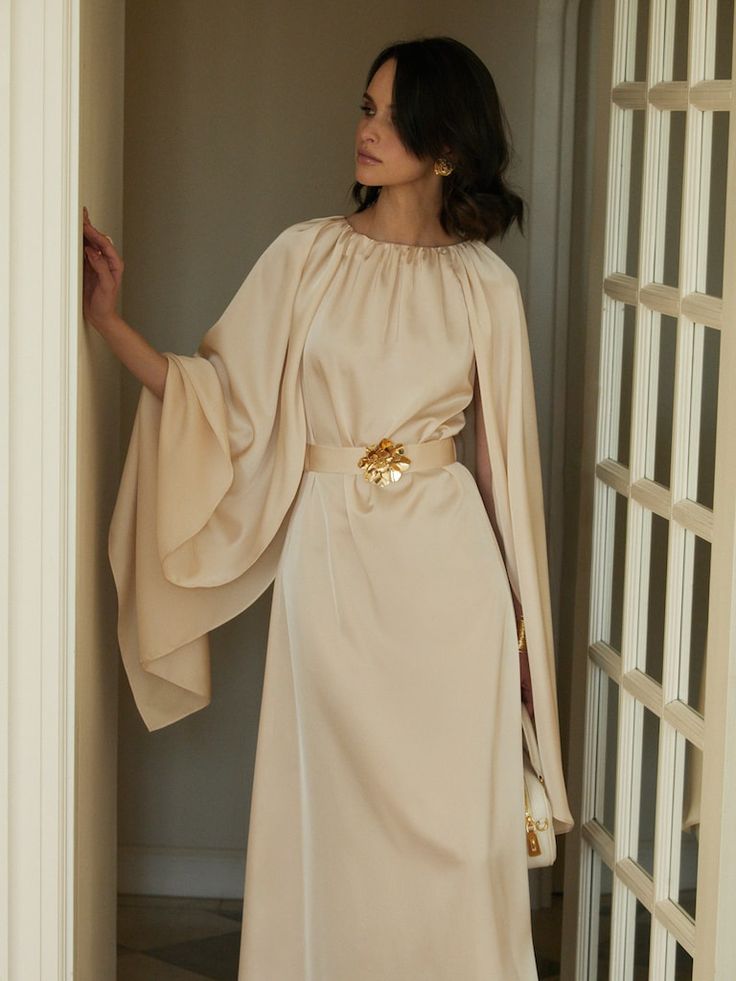 Loose maxi dress with a cape and matching belt :: LICHI - Online fashion store Modest Fashion Aesthetic, Everyday Workout, Loose Maxi Dress, Satin Maxi, Satin Maxi Dress, Fantasy Dress, Online Fashion Stores, Flare Skirt, Modest Outfits