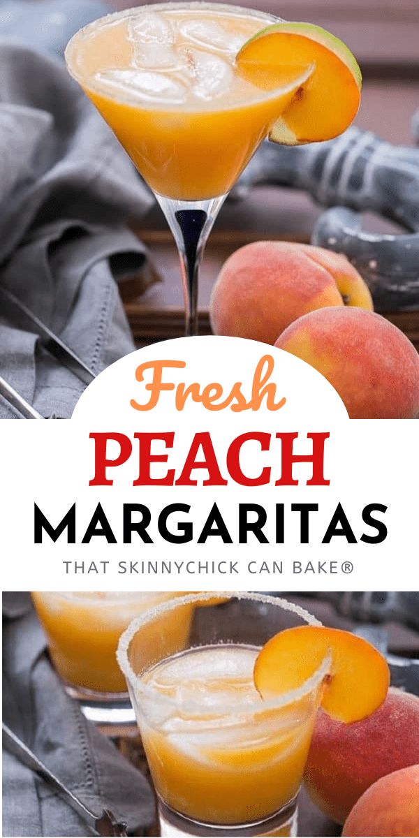 fresh peach margaritas are served in martini glasses with orange juice and garnish