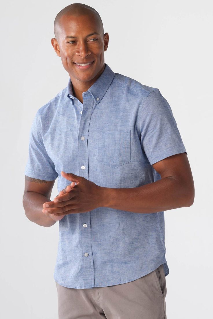 Shop Blue Linen Short Sleeve Shirt at Ash & Erie - FREE shipping, exchanges, and returns. Our clothes are designed from scratch for shorter men 5’8” and under. Unstructured Short Sleeve Shirt For Summer Workwear, Modern Short Sleeve Shirt With Pockets For Summer, Classic Collared Short Sleeve Shirt For Casual Gatherings, Modern Shirt For Casual Summer Gatherings, Classic Button-up Short Sleeve Shirt For Casual Gatherings, Modern Summer Shirt For Casual Gatherings, Casual Linen Shirt For Semi-formal Occasions, Casual Semi-formal Linen Shirt, Modern Relaxed Fit Short Sleeve Button-up Shirt