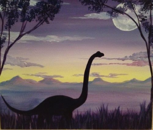 an image of a painting of a dinosaur in the wilderness at night with trees and moon